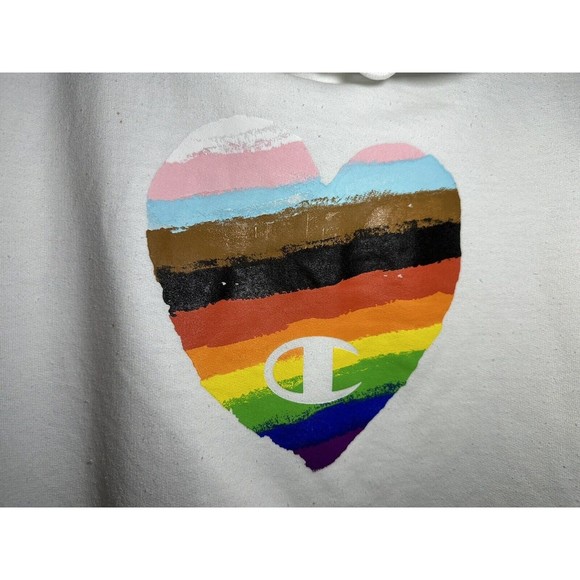 Champion Hoodie Unisex Size Medium White Beautiful Pride Heart Graphic Pullover - Picture 3 of 8